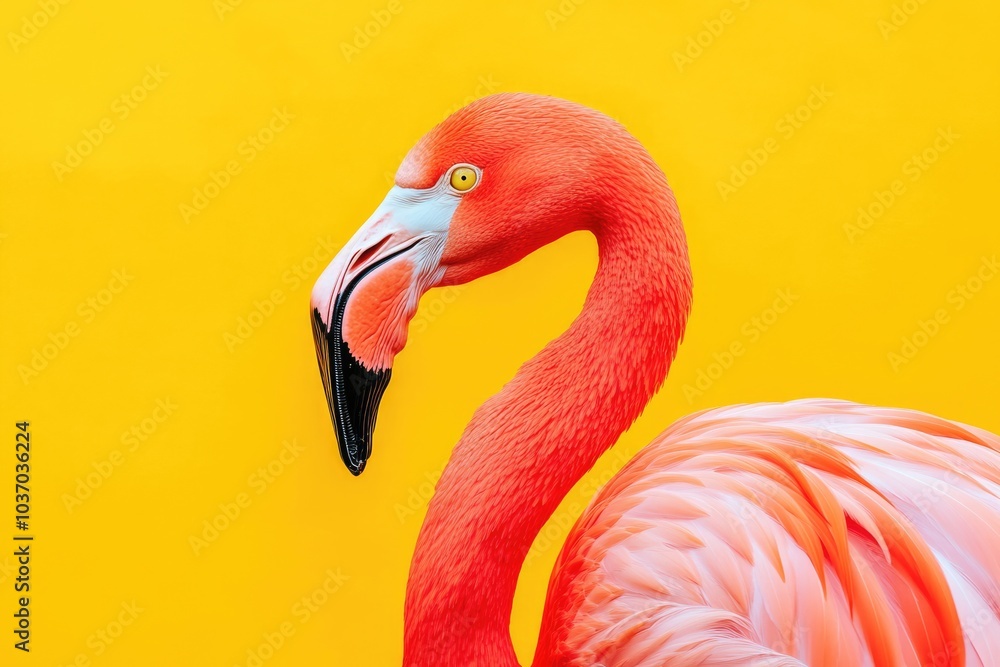 Fototapeta premium Serious Flamingo in Quiet Stare. Exotic Bird with Pink Plumage on Yellow Background