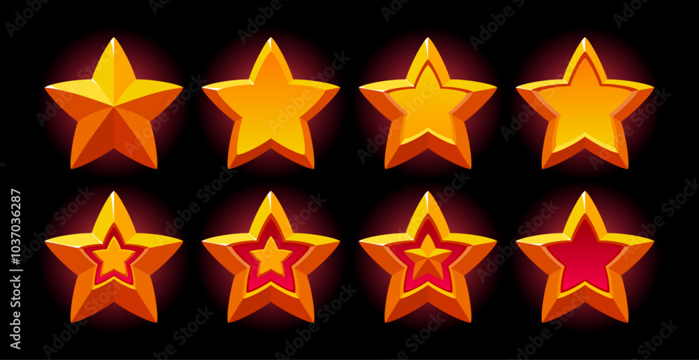 Metallic gold star set. Red light effect. Realistic vector star. Perfect for adventure, fantasy, rpg games Metallic gold star set. Red light effect. Realistic vector star. Perfect for adventure, fantasy, rpg games