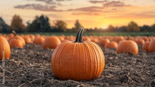 A cozy pumpkin patch bathed in the warm glow of a sunset, rich autumn colors in the trees and sky, pumpkin patch sunset, seasonal warmth