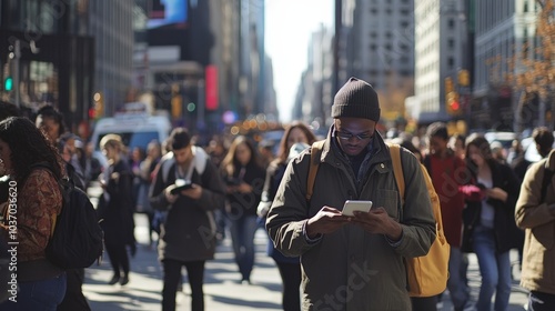 Urban Pulse: A Captivating Snapshot of New Yorkers Navigating the City, Engaged with Technology Amidst a Bustling Street Scene