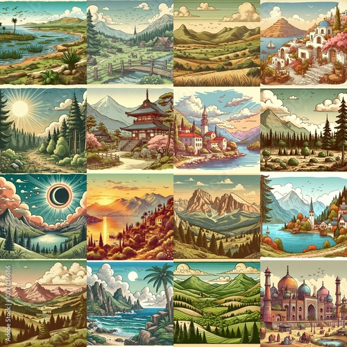 Cartoon landscapes. AI generated illustration