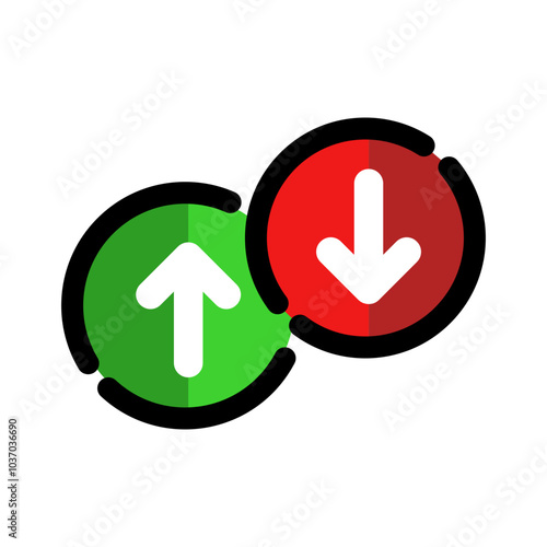 Up and down arrow icon. Upward and downward. Business, inflation, recession, growth, crisis concepts. Colored outline vector design isolated illustration.