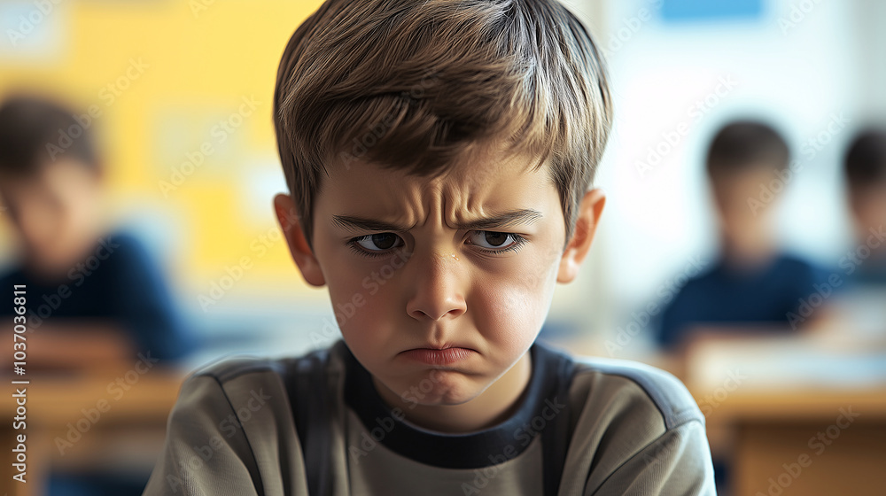 Angry boy frowning in classroom Angry boy frowning in classroom