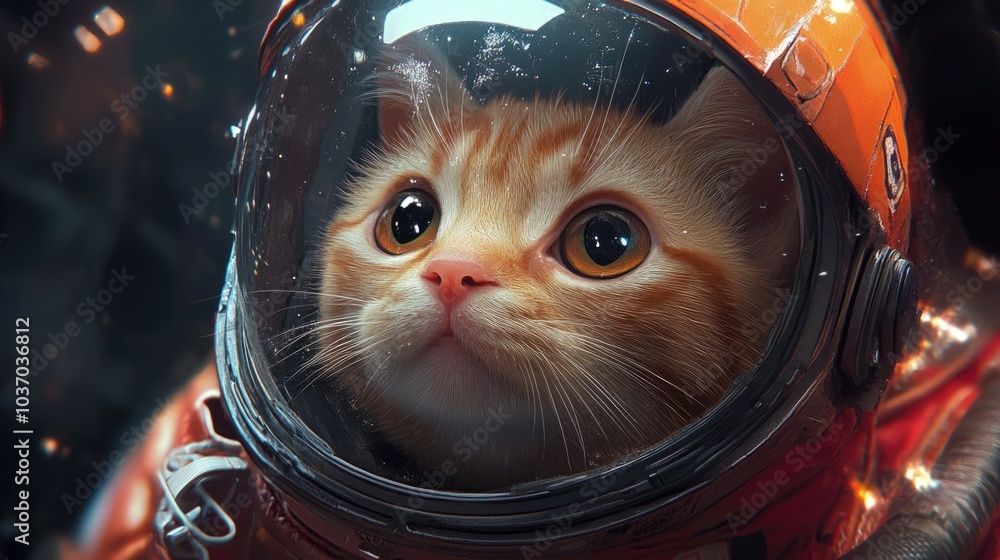 Cute Kitten Astronaut in Space Suit Portrait with Rocket in Eye Cute Kitten Astronaut in Space Suit Portrait with Rocket in Eye