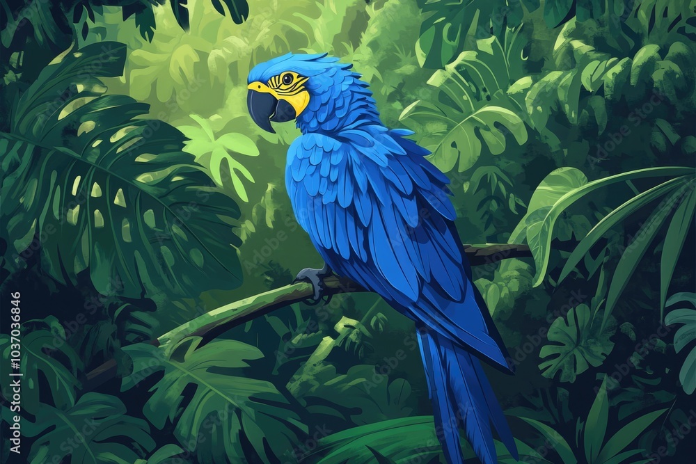 Obraz premium Vivid Avian: Blue Parrot perched amidst Lush Tropical Rainforest