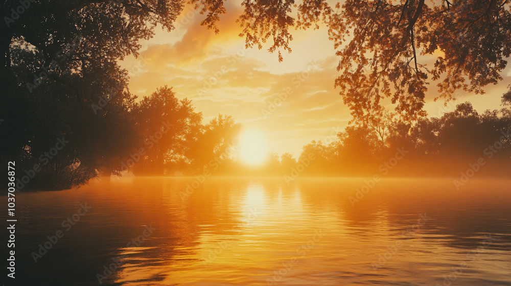 A sunset over a beautiful lake, casting golden hues on the water. A sunset over a beautiful lake, casting golden hues on the water.