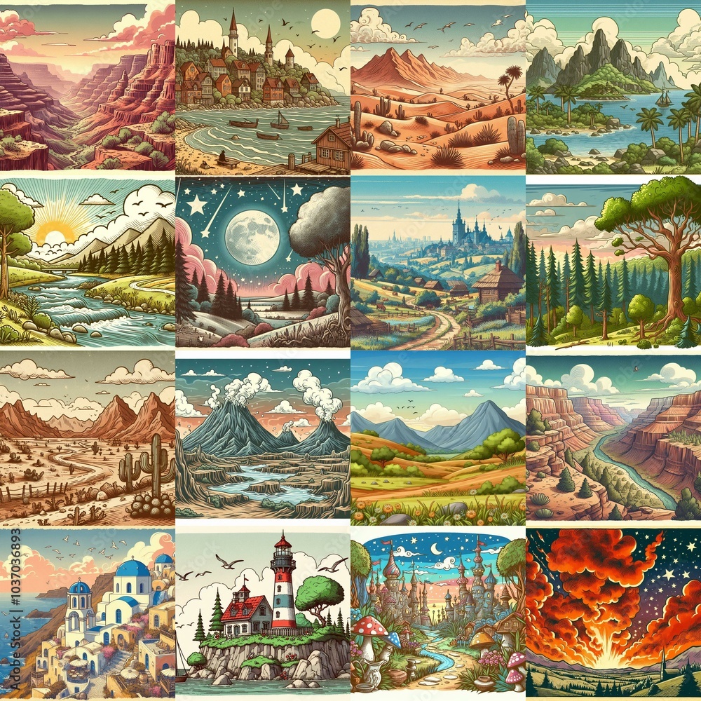 Cartoon landscapes. AI generated illustration Cartoon landscapes. AI generated illustration