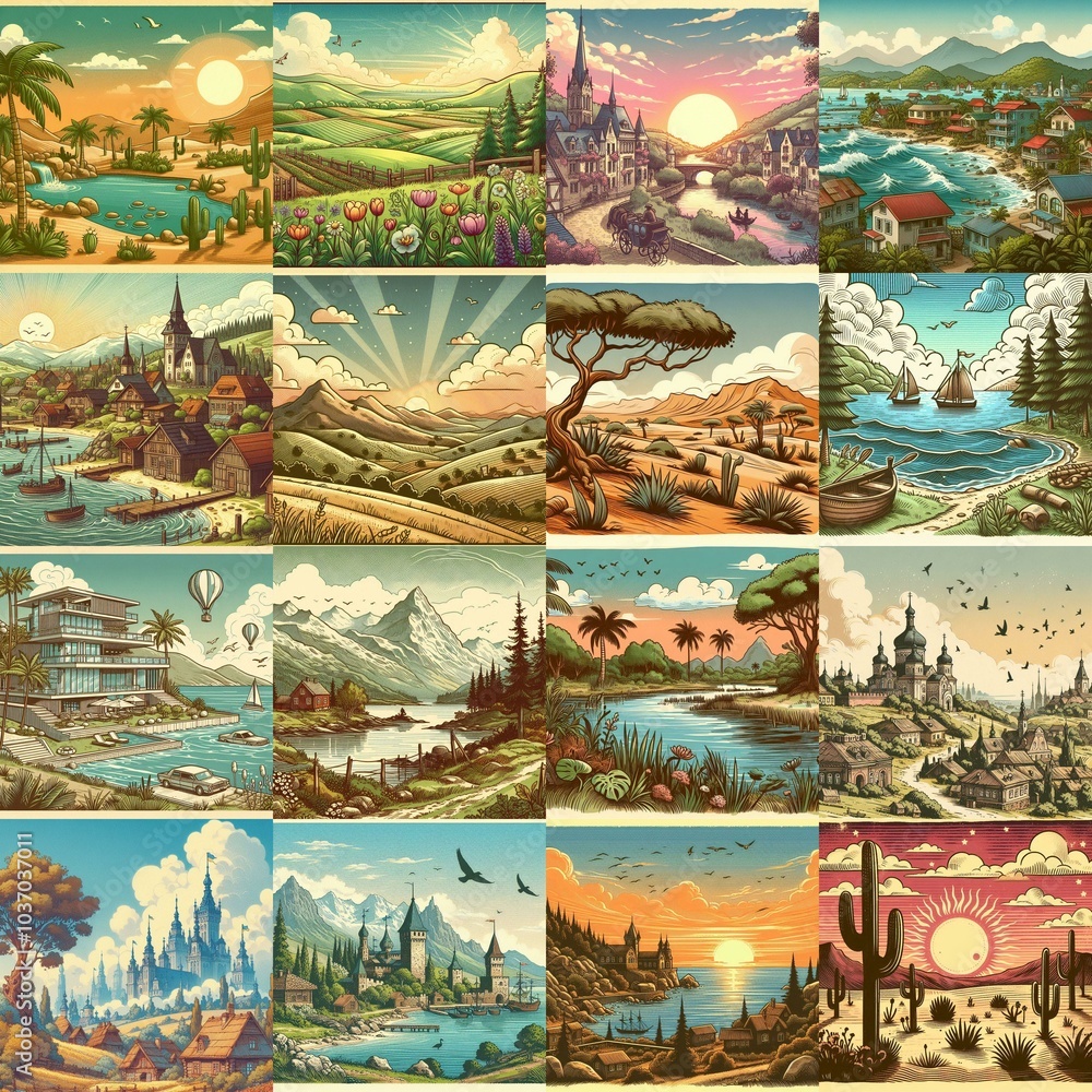 Cartoon landscapes. AI generated illustration Cartoon landscapes. AI generated illustration