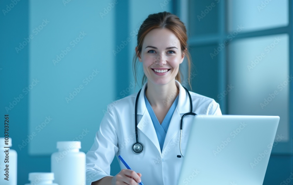 Happy healthcare worker sitting at her desk in a clinic. Happy healthcare worker sitting at her desk in a clinic.