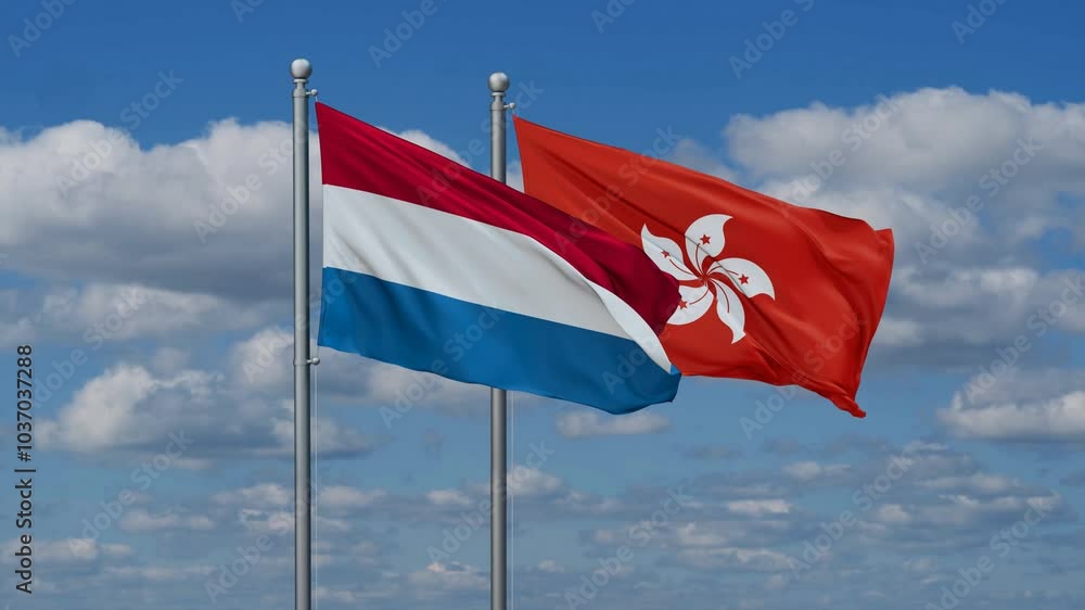 Hong Kong and Luxembourg flags flying together, video concept of the relationship, two country relations concept Hong Kong and Luxembourg flags flying together, video concept of the relationship, two country relations concept