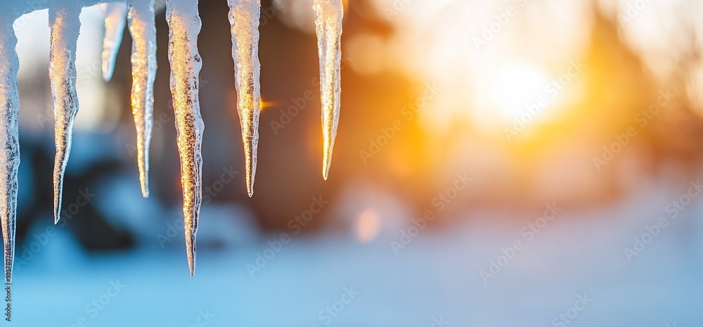 Icicles hanging in the sunlight with a snowy landscape in the background. Icicles hanging in the sunlight with a snowy landscape in the background.