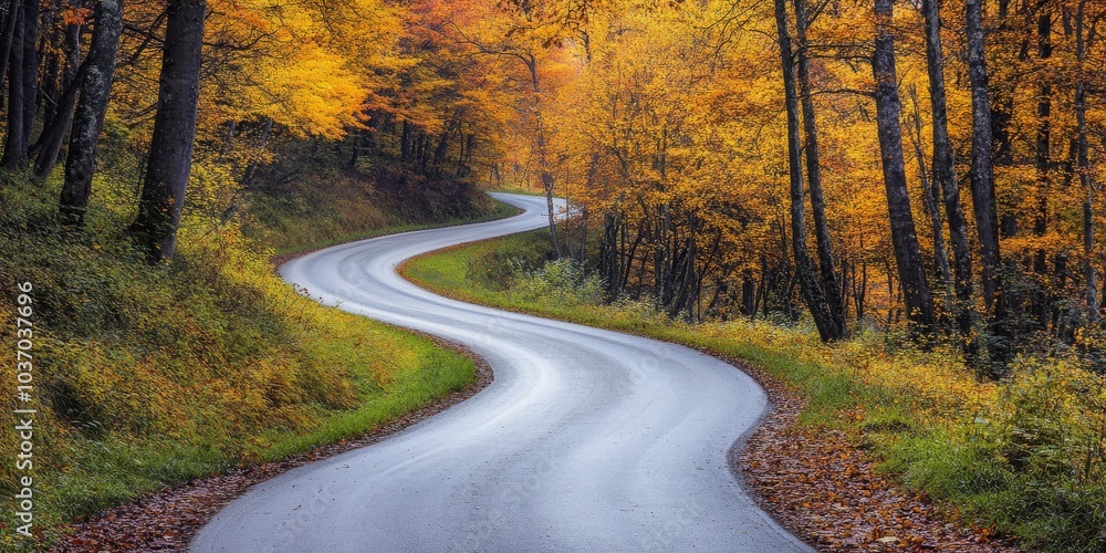 Curving road in an autumn forest filled with golden and orange leaves under the soft glow of daylight Curving road in an autumn forest filled with golden and orange leaves under the soft glow of daylight