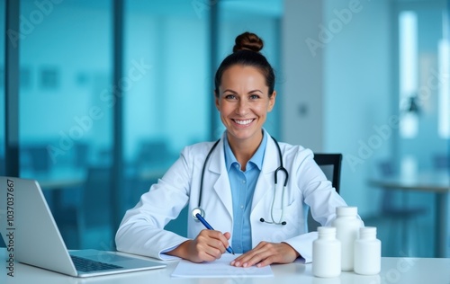 Happy healthcare worker smiling in a modern medical office.