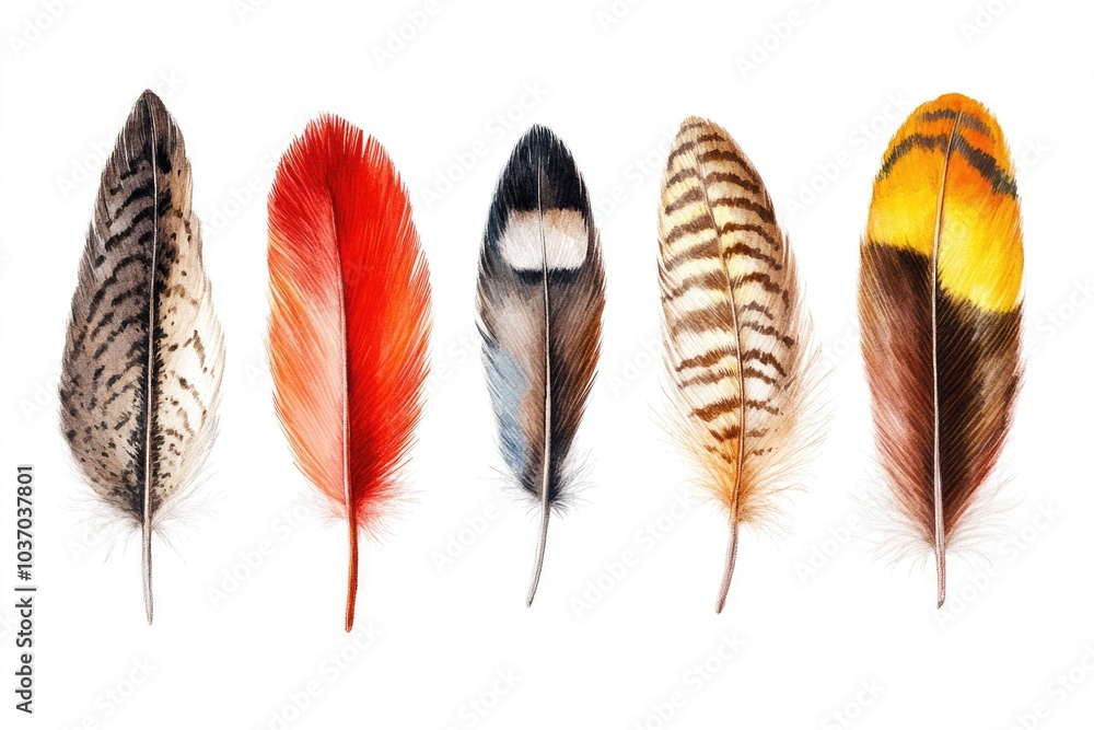 Feather Collection. Set of Luxury Bird Feathers in Abstract White Background Feather Collection. Set of Luxury Bird Feathers in Abstract White Background