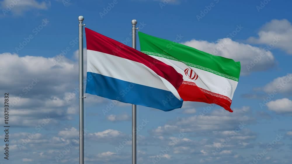 Iran and Luxembourg two flags waving together on blue , video concept of the relationship Iran and Luxembourg two flags waving together on blue , video concept of the relationship