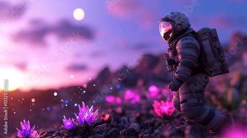 An astronaut exploring a vibrant alien landscape with colorful plants.