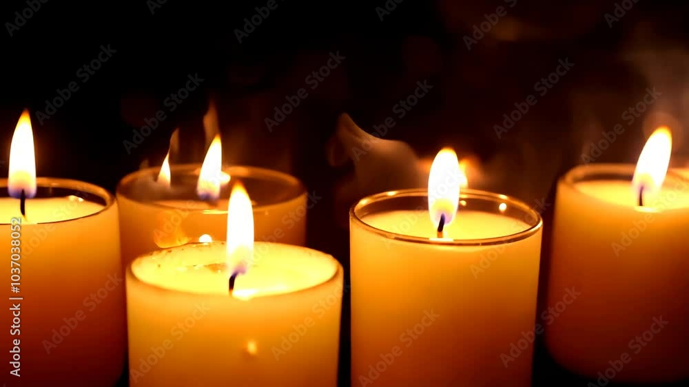 Burning Candles with Bokeh Lights in Dark Background Burning Candles with Bokeh Lights in Dark Background