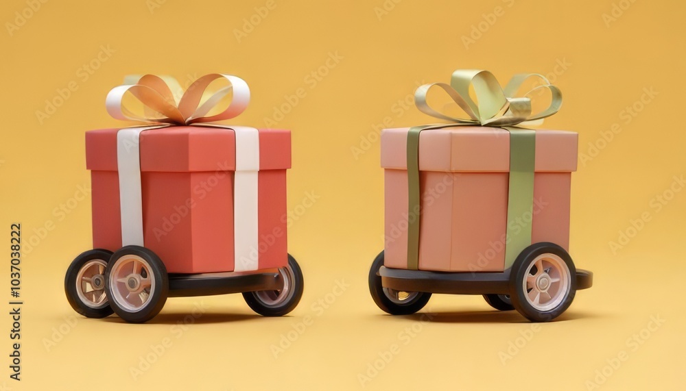 Colorful gift boxes on wheels with ribbons, set against a bright yellow background, creating a playful and festive atmosphere. Colorful gift boxes on wheels with ribbons, set against a bright yellow background, creating a playful and festive atmosphere.