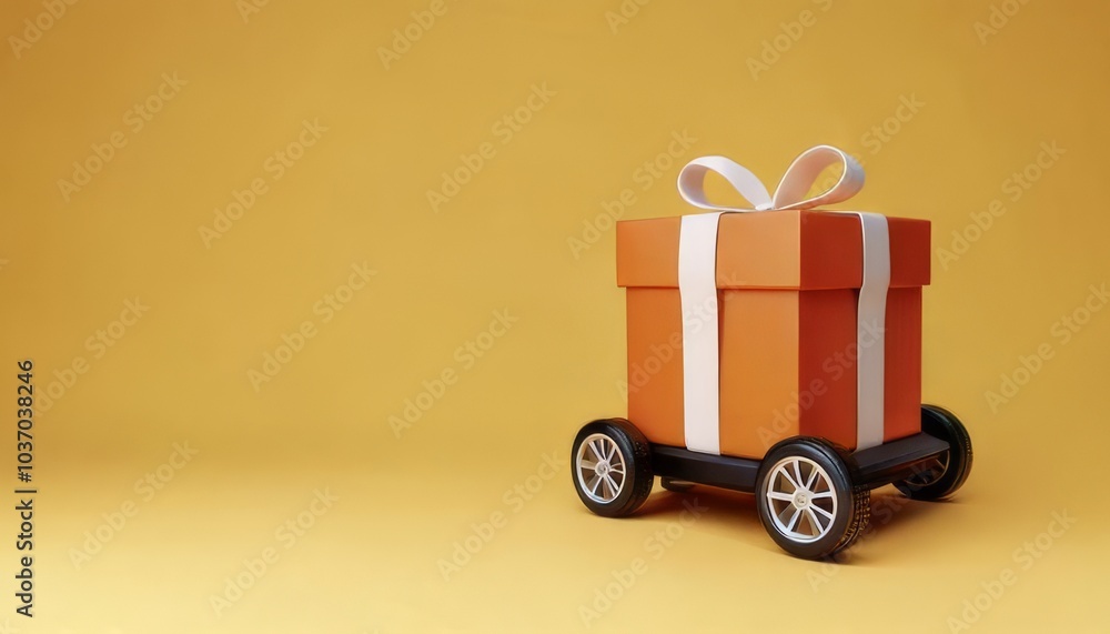 A colorful gift box on wheels against a yellow background, symbolizing surprise and creativity in gifting. A colorful gift box on wheels against a yellow background, symbolizing surprise and creativity in gifting.
