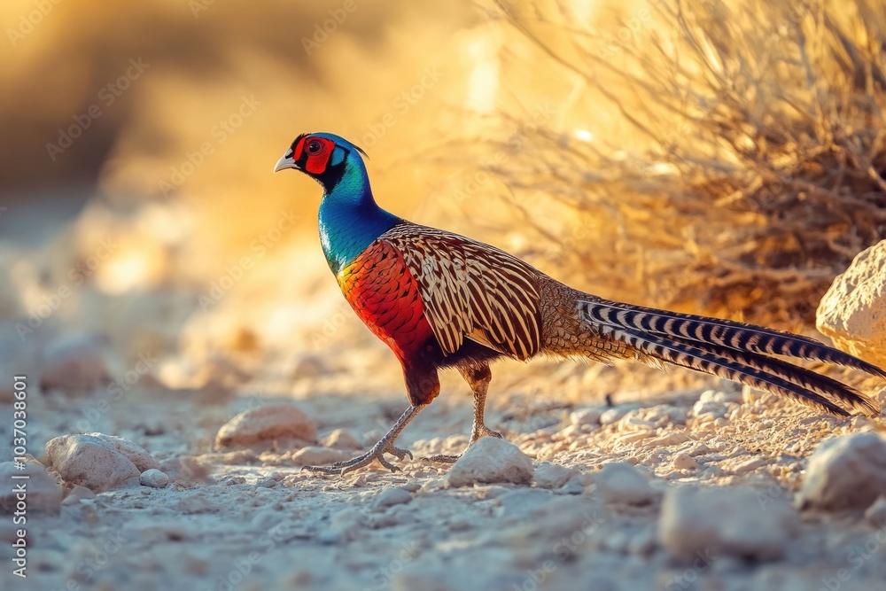 Fototapeta premium Vibrantly Colored Pheasant Roaming on Arid Landscape