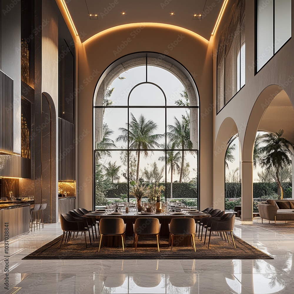 Fototapeta premium Modern Living Space with High Ceiling Exposed Beams and Fireplace.
