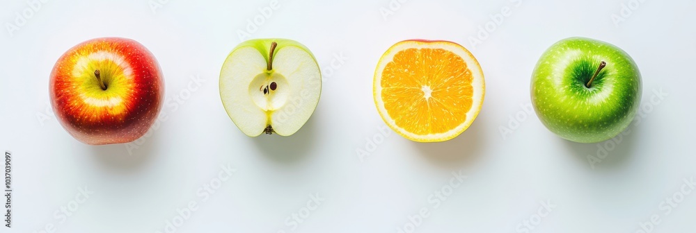 Red apple, halved pear, orange slice, and green apple on white background Red apple, halved pear, orange slice, and green apple on white background