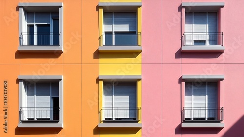 Colorful building facade with windows in vibrant hues.