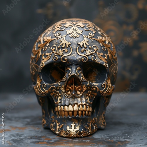 Human skull made of gold and wood