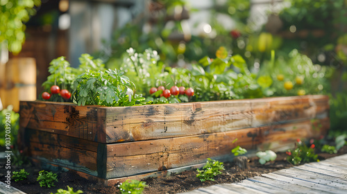 Wooden raided beds in modern garden growing plants herbs spices vegetables and flowers near a wooden house in the countryside photo