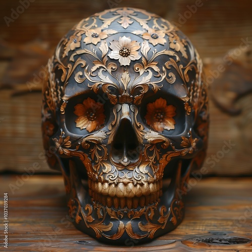 Human skull made of gold and wood