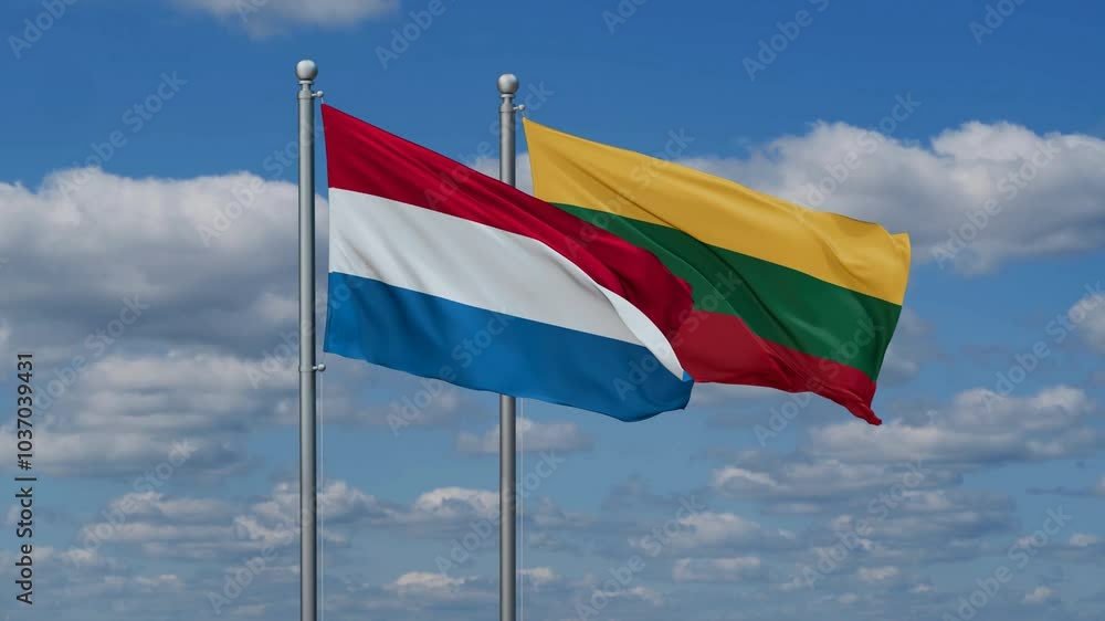 Lithuania and Luxembourg flags flying together, video concept of the relationship, two country relations concept Lithuania and Luxembourg flags flying together, video concept of the relationship, two country relations concept