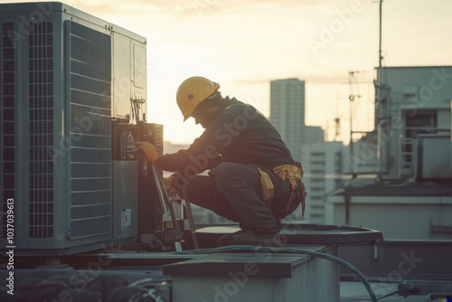 Technician working on rooftop HVAC unit at sunset