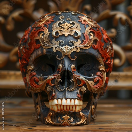 Human skull made of gold and wood