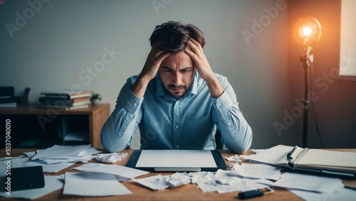 A frustrated man sits at a cluttered desk in an office, holding his head in his hands