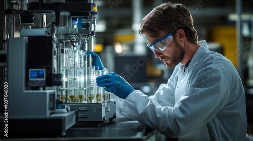 Focused on Innovation. A scientist in a lab coat and safety goggles meticulously analyzes a series of vials, showcasing dedication and precision in a high-tech laboratory environment. generative ai.