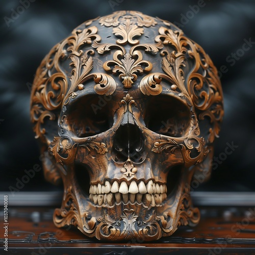 Human skull made of gold and wood