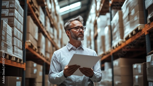 Warehouse Manager Stocktaking. A thoughtful warehouse manager reviews inventory documents amidst towering shelves of packaged goods. generative ai illustration.