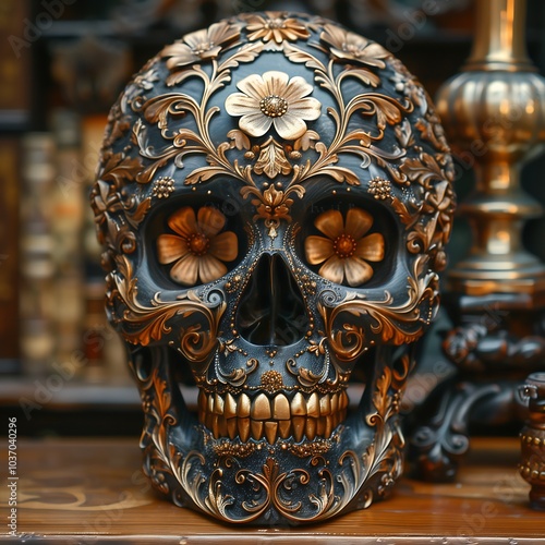 Human skull made of gold and wood