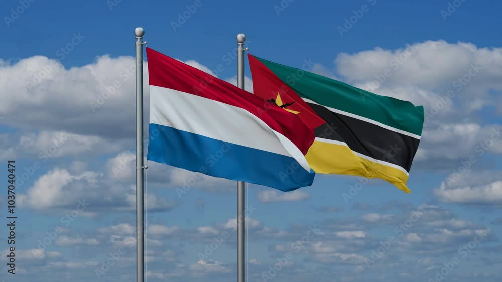 Mozambique and Luxembourg flags flying together, video concept of the relationship, two country cooperation concept Mozambique and Luxembourg flags flying together, video concept of the relationship, two country cooperation concept
