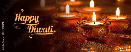 Happy Diwali Celebration Banner with Illuminated Oil Lamps (Diya).  photo