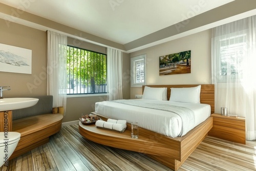 A modern room with white walls  wooden bed and wooden furniture  light wooden ground
