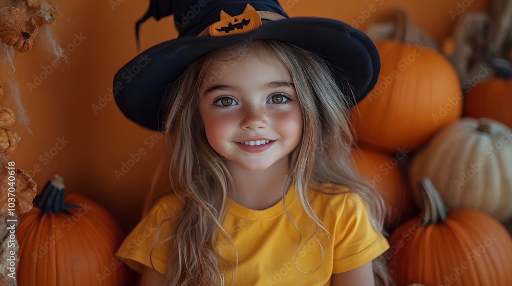 A Little Girl Wearing a Witch’s Hat Is Smiling, Sitting on a Pumpkin Outdoors, Embracing the Joyful Spirit of Halloween with Childlike Wonder and Playfulness, Capturing the Delight of the Holiday Seas A Little Girl Wearing a Witch’s Hat Is Smiling, Sitting on a Pumpkin Outdoors, Embracing the Joyful Spirit of Halloween with Childlike Wonder and Playfulness, Capturing the Delight of the Holiday Seas