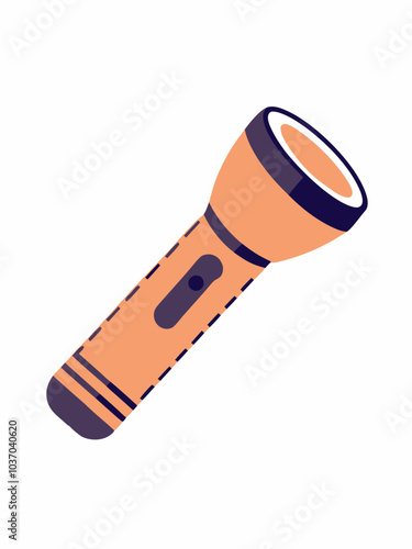 Electric flashlight. Flash torch light with led lamp turned off. Pocket torchlight. Travel tourist accessory. Touristic item. Night tool. Flat vector illustration isolated on white background
