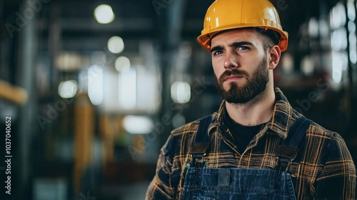 Industrial worker in overalls, hard hat, focused