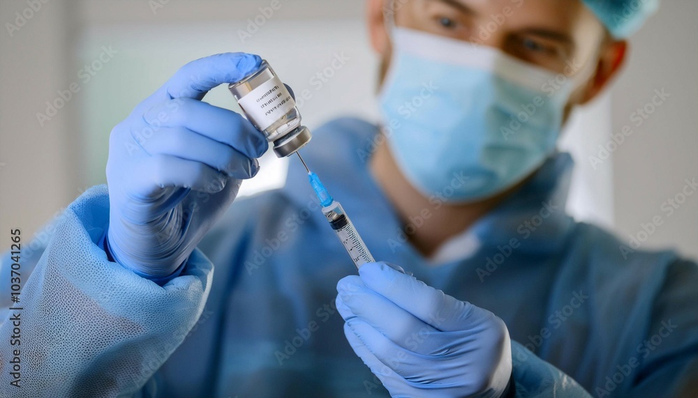 Medical Professional Preparing Vaccine In Laboratory Setting During Daytime With Safety Gear And Equipment Medical Professional Preparing Vaccine In Laboratory Setting During Daytime With Safety Gear And Equipment