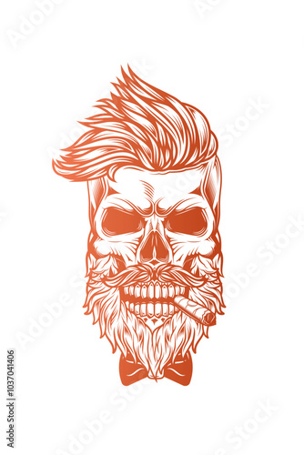 Hipster skull with beard and mustache with cigar in mouth.. Original vector illustration in vintage style. T-shirt design.
