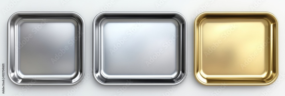 Three rectangular metal trays in silver and gold on white background Three rectangular metal trays in silver and gold on white background