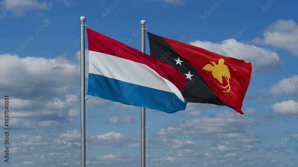 Papua New Guinea and Luxembourg flags flying together, video concept of the relationship, two country relations concept Papua New Guinea and Luxembourg flags flying together, video concept of the relationship, two country relations concept