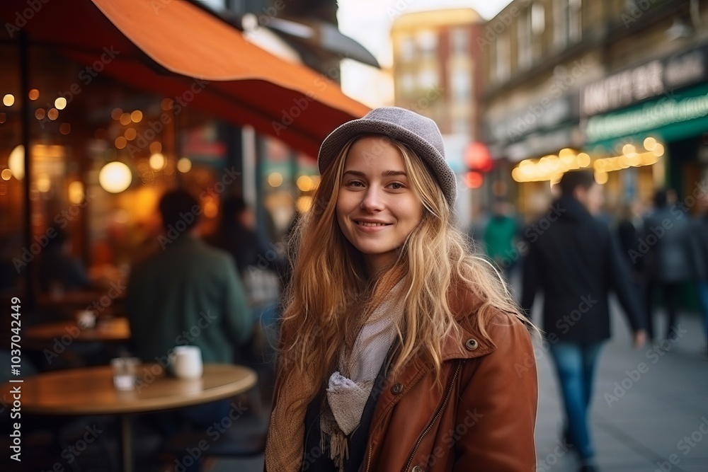 Portrait of a beautiful young woman smiling at the camera in a cafe in the city Portrait of a beautiful young woman smiling at the camera in a cafe in the city