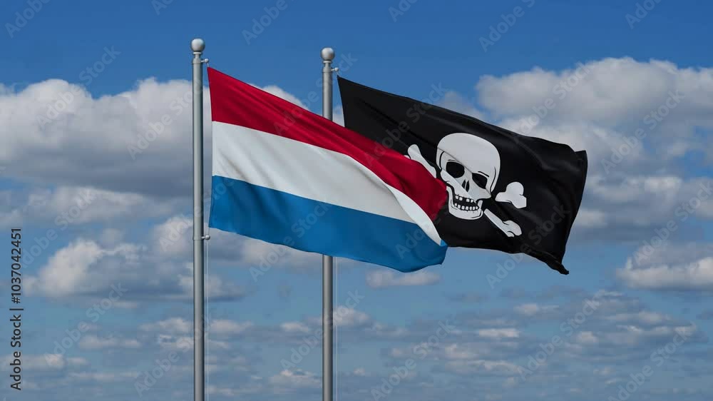 Luxembourg and Jolly Roger or pirate flags flying together, video concept of the relationship Luxembourg and Jolly Roger or pirate flags flying together, video concept of the relationship